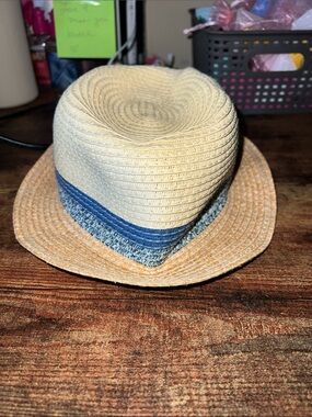 Kids  Beige Straw Hat Blue Striped Band Brown Accent Classic Style